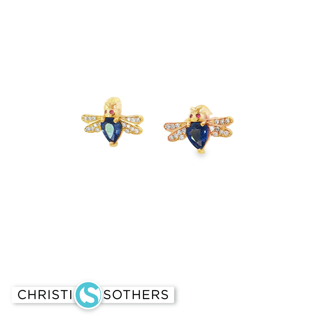 18KT Yellow Gold Sapphire, Diamond & Ruby Beetle Pushback Studs