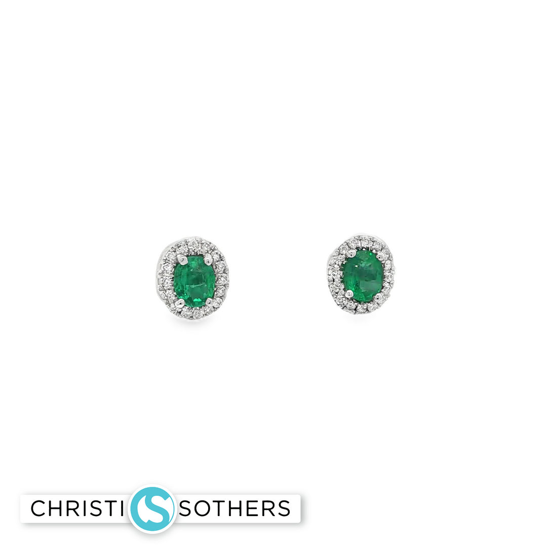 14KT White Gold Emerald & Diamond Stud Earrings