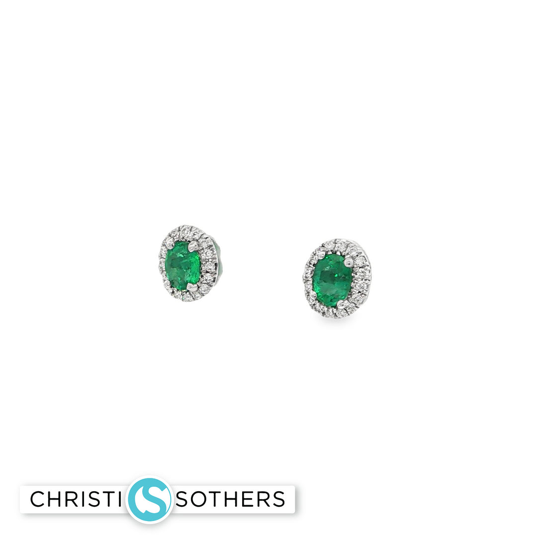 14KT White Gold Emerald & Diamond Stud Earrings