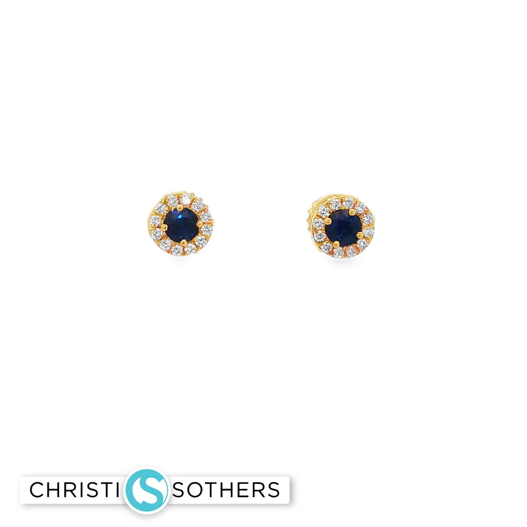 18KT Yellow Gold Sapphire & Diamond Halo Stud Earrings