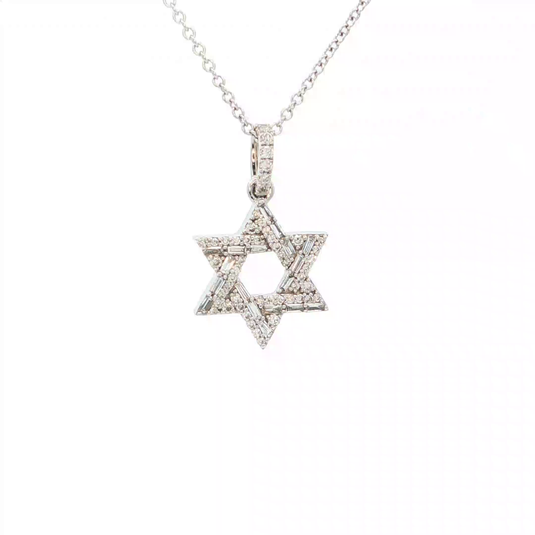 14KT White Gold Baguette Diamond Magen David Pendant