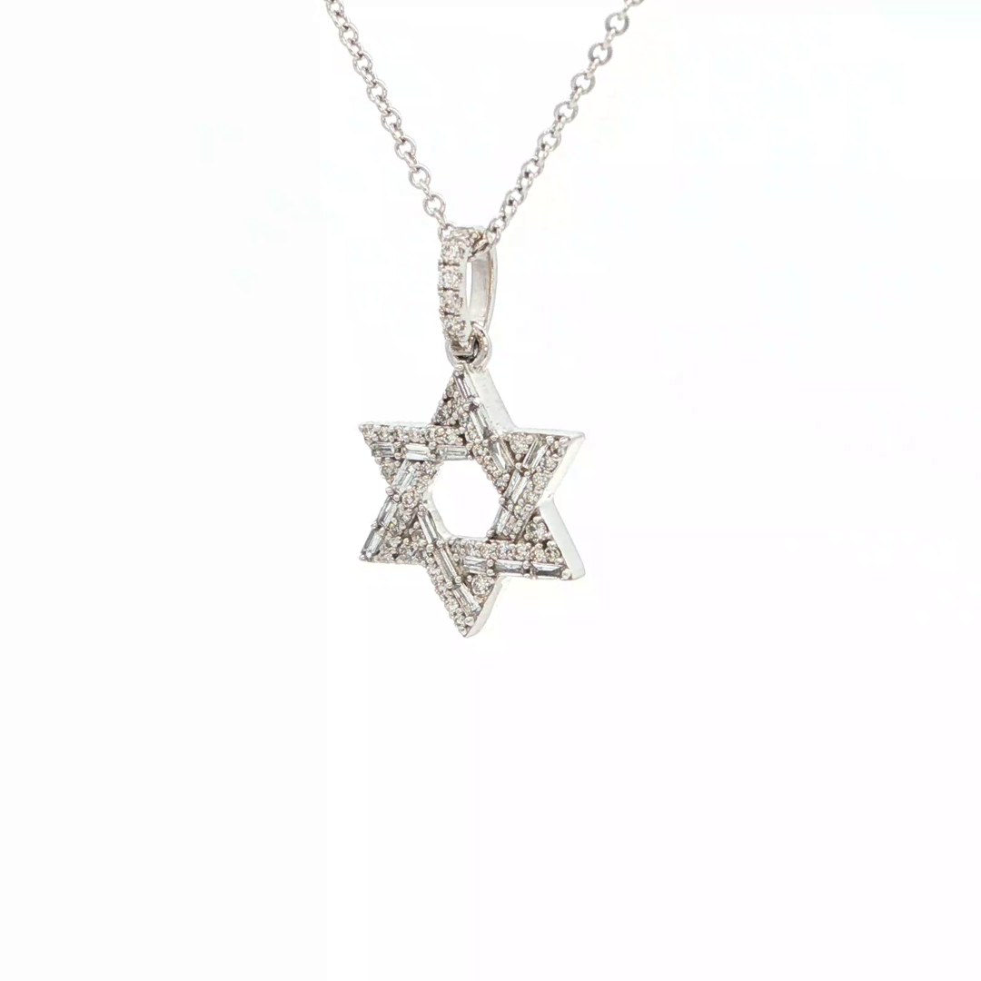 14KT White Gold Baguette Diamond Magen David Pendant