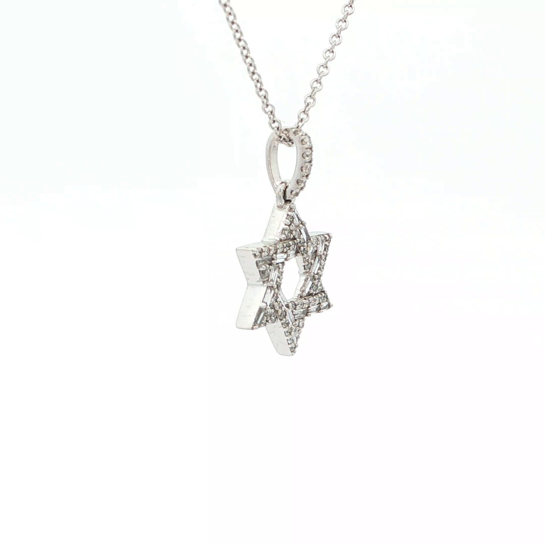 14KT White Gold Baguette Diamond Magen David Pendant