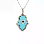 Load image into Gallery viewer, 18KT White Gold Diamond &amp; Turquoise Hamsa Pendant (2.53 cttw turquoise, 0.20 cttw diamonds)
