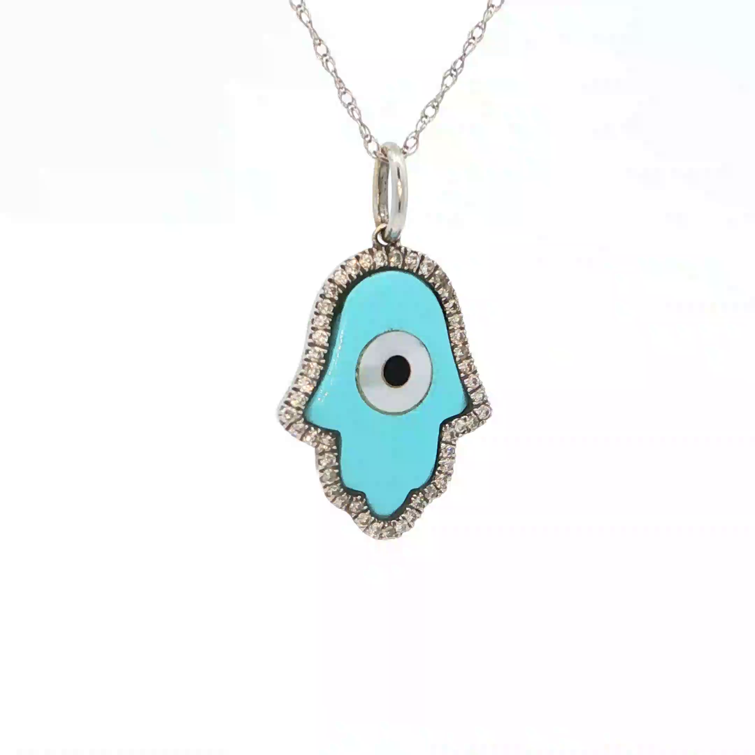 18KT White Gold Diamond & Turquoise Hamsa Pendant (2.53 cttw turquoise, 0.20 cttw diamonds)
