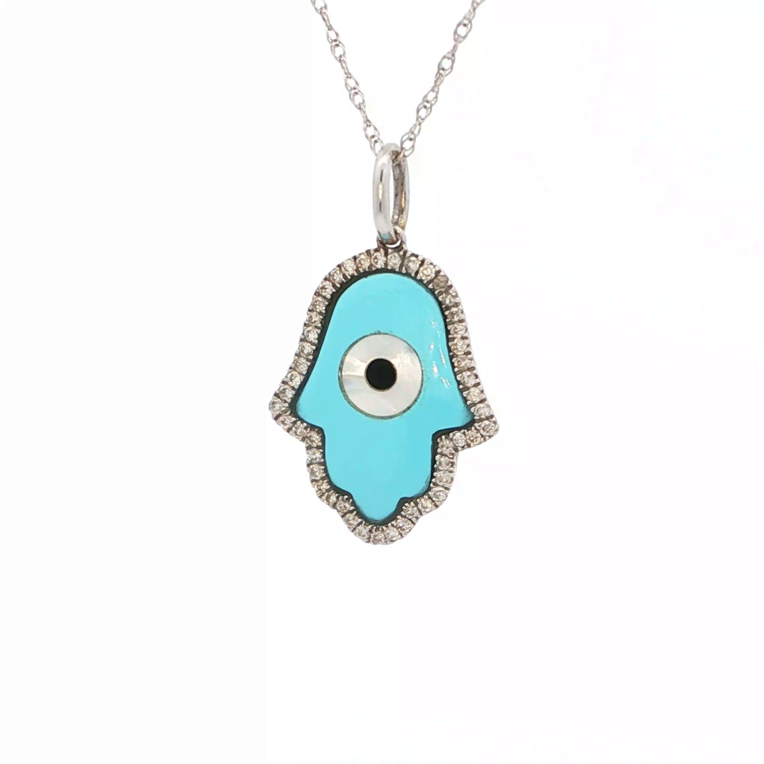 18KT White Gold Diamond & Turquoise Hamsa Pendant (2.53 cttw turquoise, 0.20 cttw diamonds)