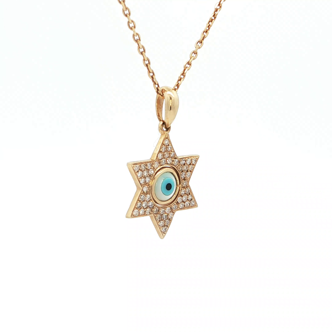14KT Yellow Gold Diamond Magen David & Evil Eye Pendant