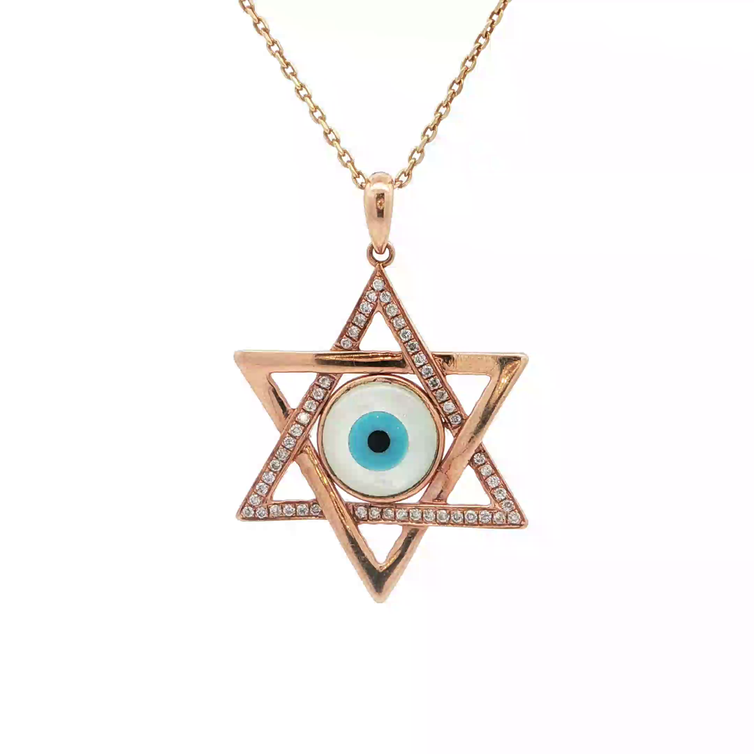 14KT Rose Gold Diamond & Blue Evil Eye Magen David Pendant