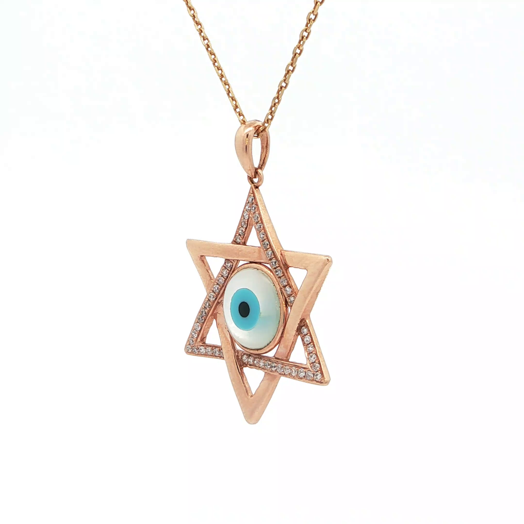14KT Rose Gold Diamond & Blue Evil Eye Magen David Pendant