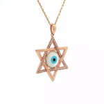 Load image into Gallery viewer, 14KT Rose Gold Diamond &amp; Blue Evil Eye Magen David Pendant
