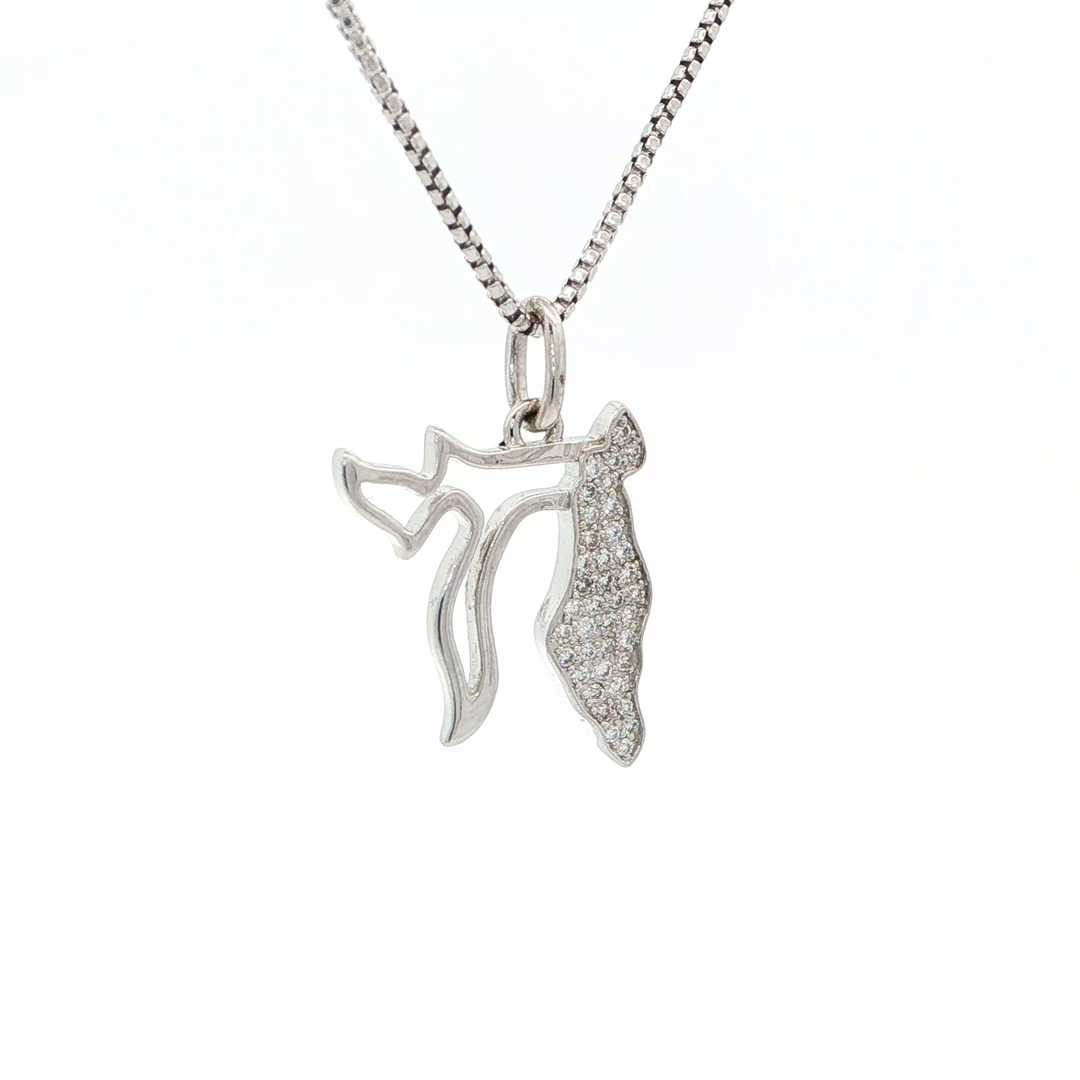 14KT White Gold Pavé Diamond Chai & State of Israel Pendant