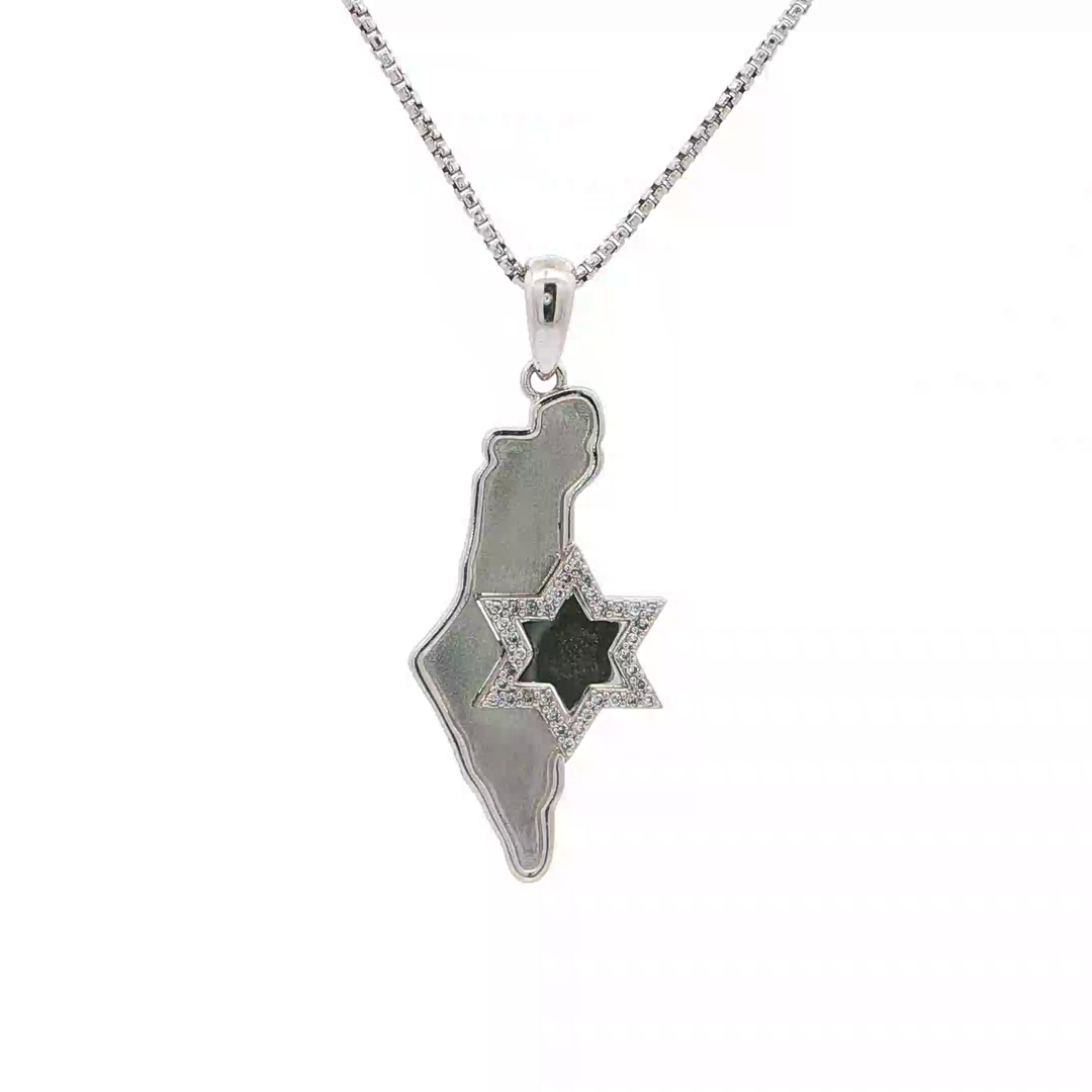 14KT White Gold Diamond State of Israel Map & Magen David Pendant