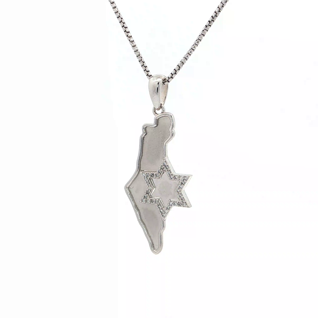 14KT White Gold Diamond State of Israel Map & Magen David Pendant