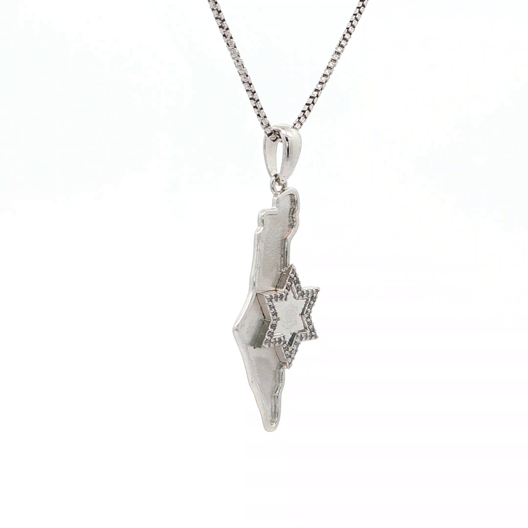 14KT White Gold Diamond State of Israel Map & Magen David Pendant