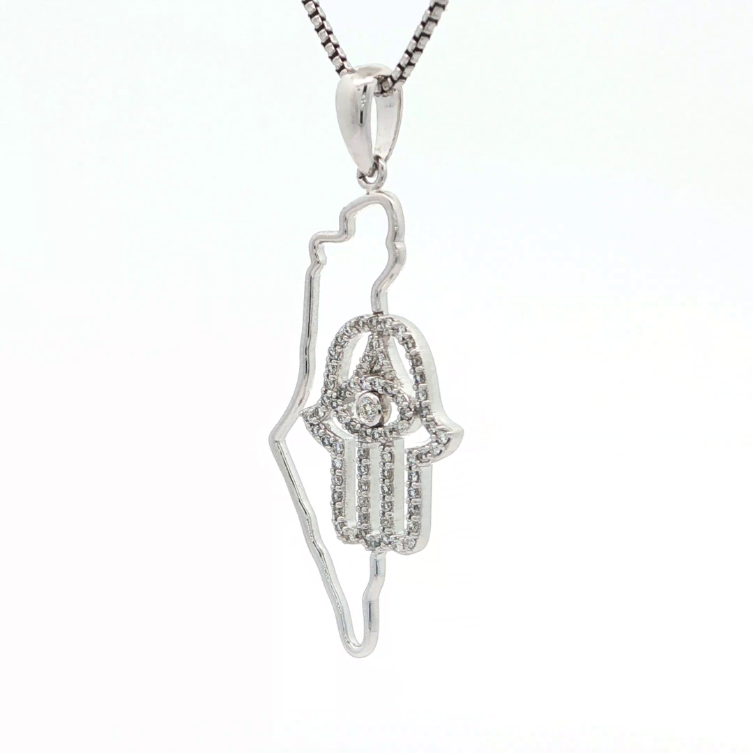 14KT White Gold Diamond State of Israel & Hamsa Pendant