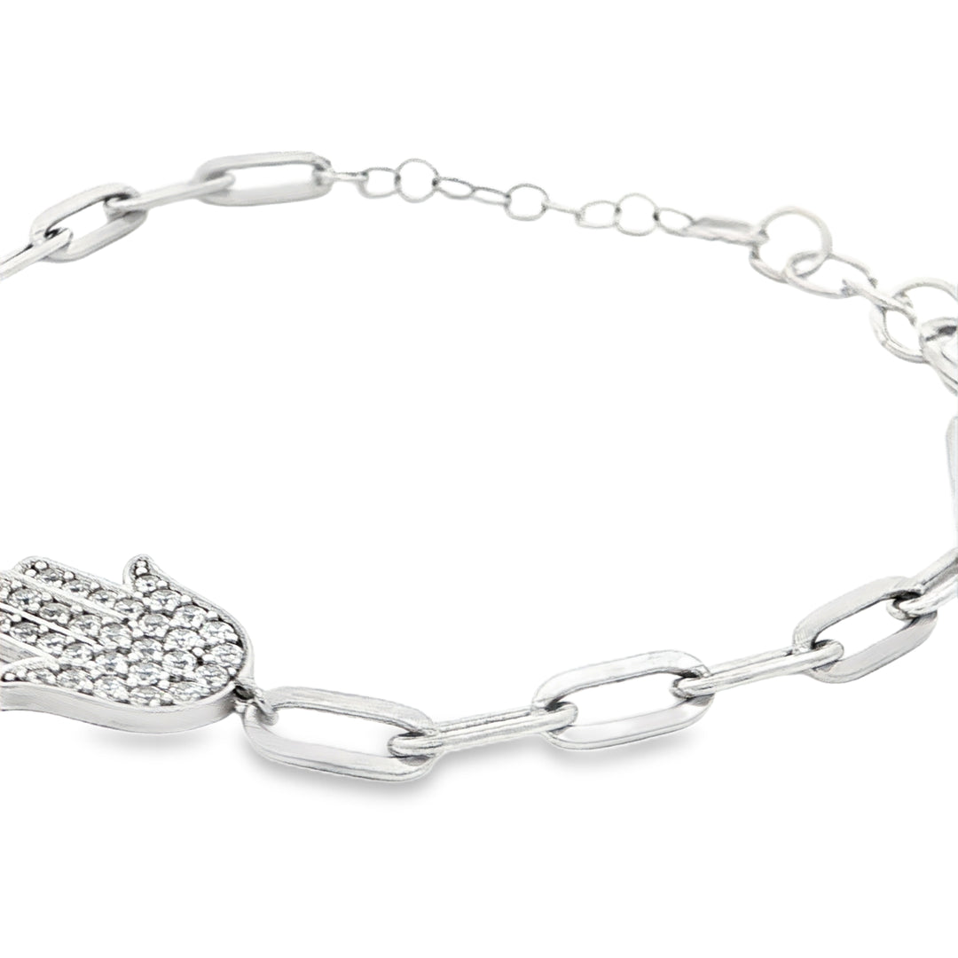 Sterling Silver Hamsa Bracelet with Round Stone
