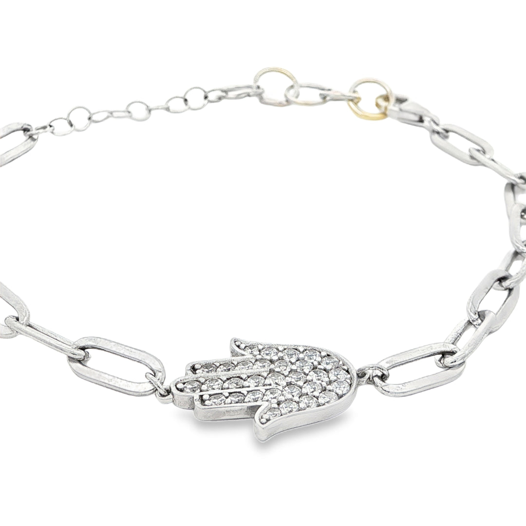 Sterling Silver Hamsa Bracelet with Round Stone