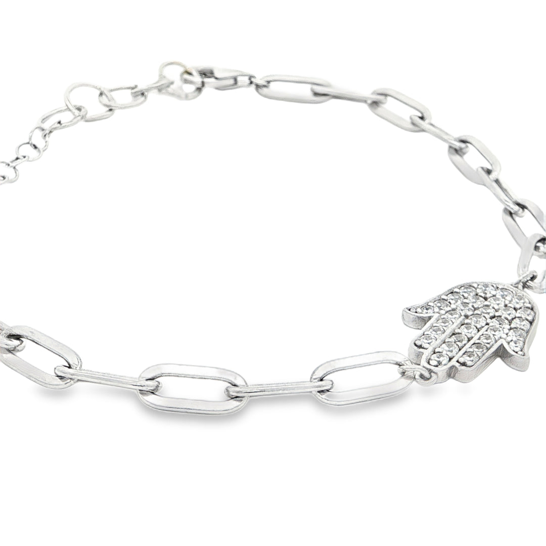 Sterling Silver Hamsa Bracelet with Round Stone