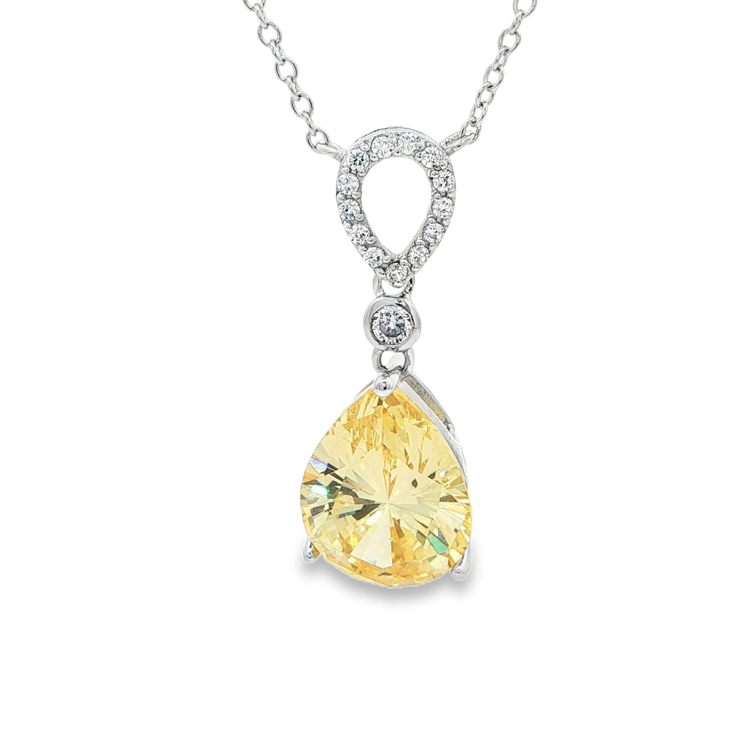 Sterling Silver Charm Necklace with Pear Crystal Drop and Studded Chain
