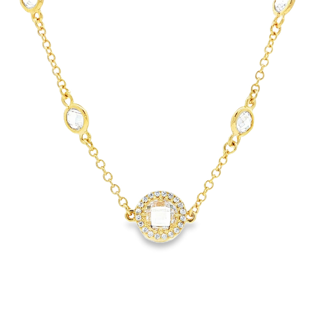 Gold-Plated Sterling Silver Chain Necklace with Halo Crystal Accents