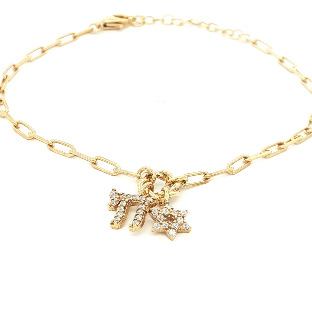Sterling Silver or Gold-Plated Paperclip Link Charm Bracelet with Star/Chai Accents