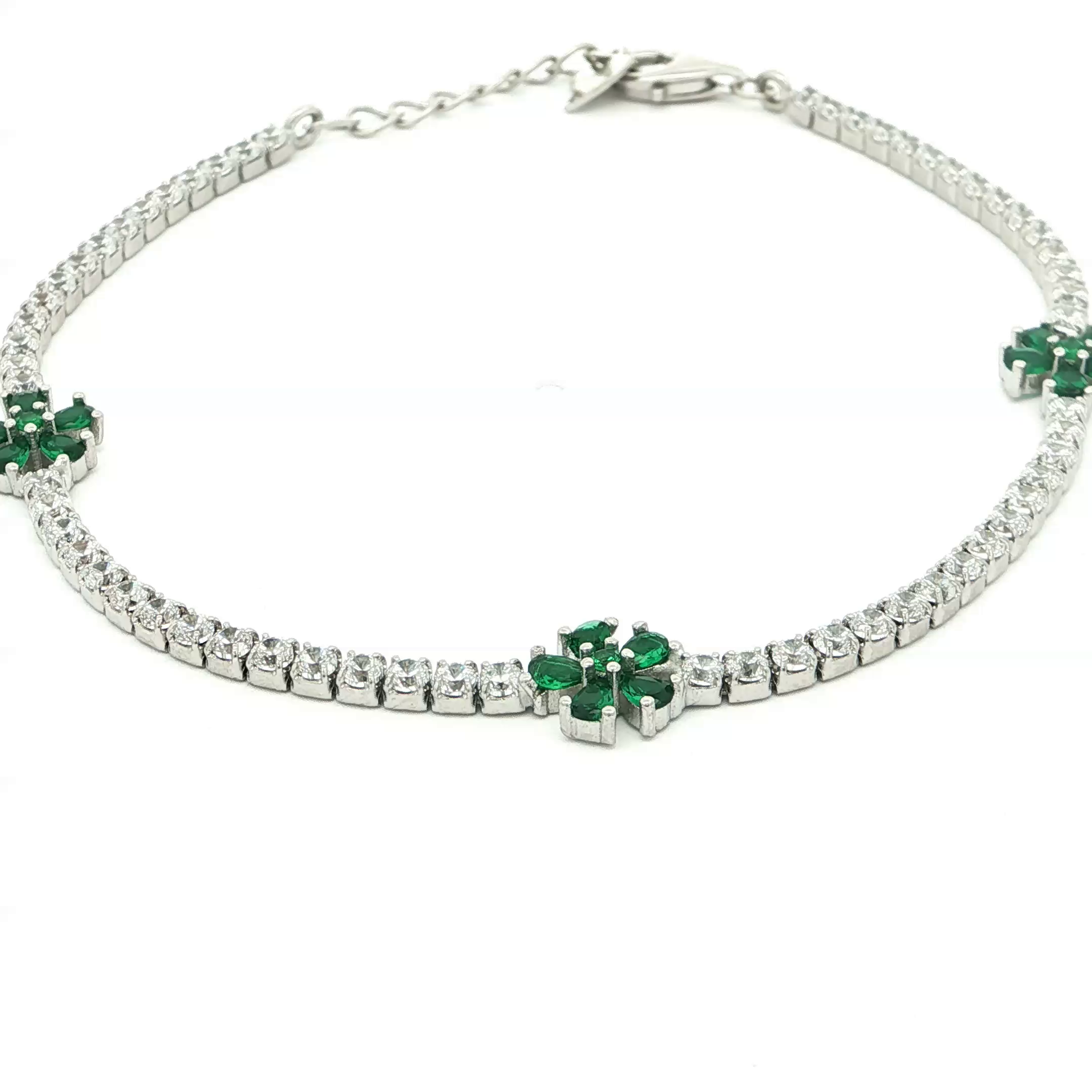 Silver Tennis Bracelet with Green Floral Accents