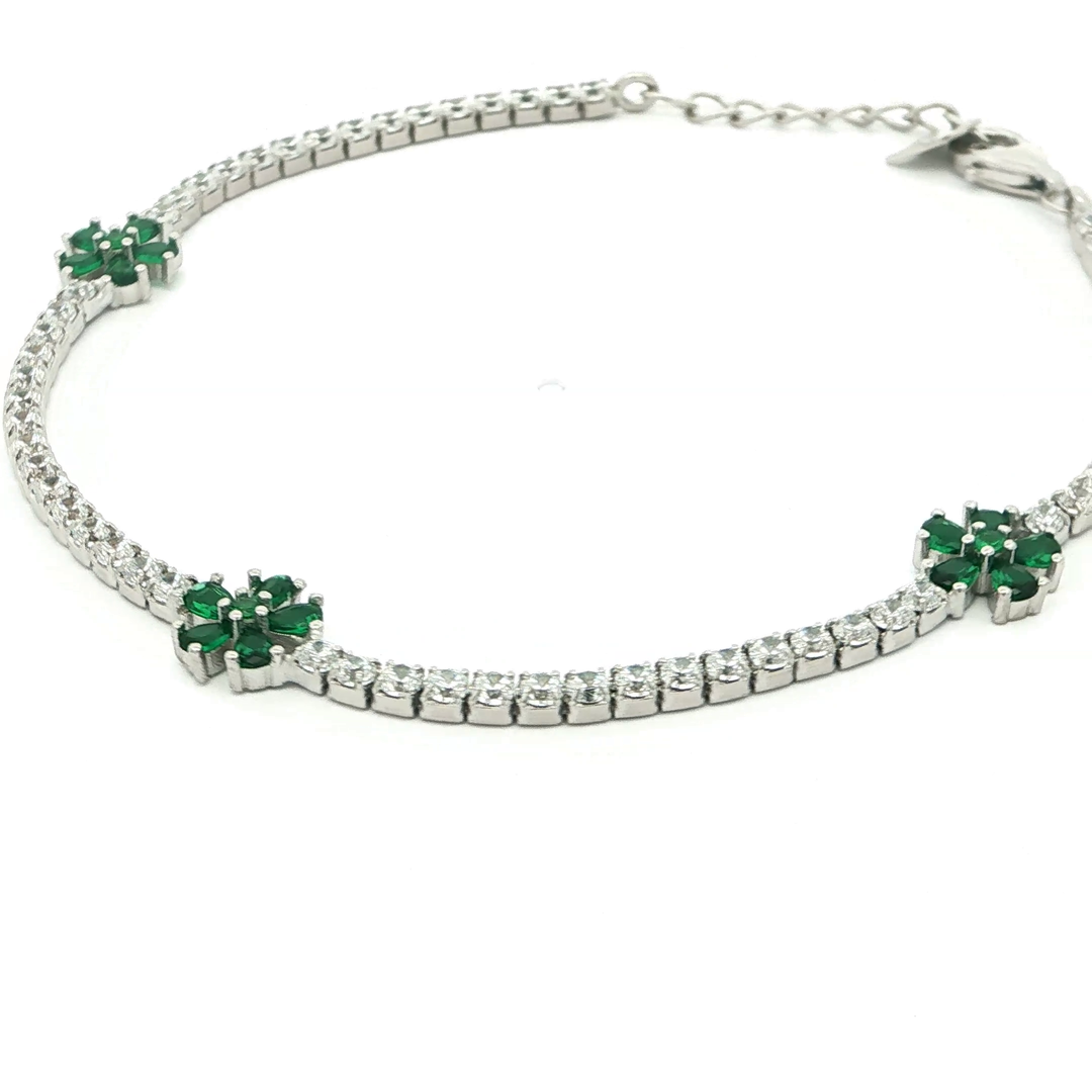 Silver Tennis Bracelet with Green Floral Accents