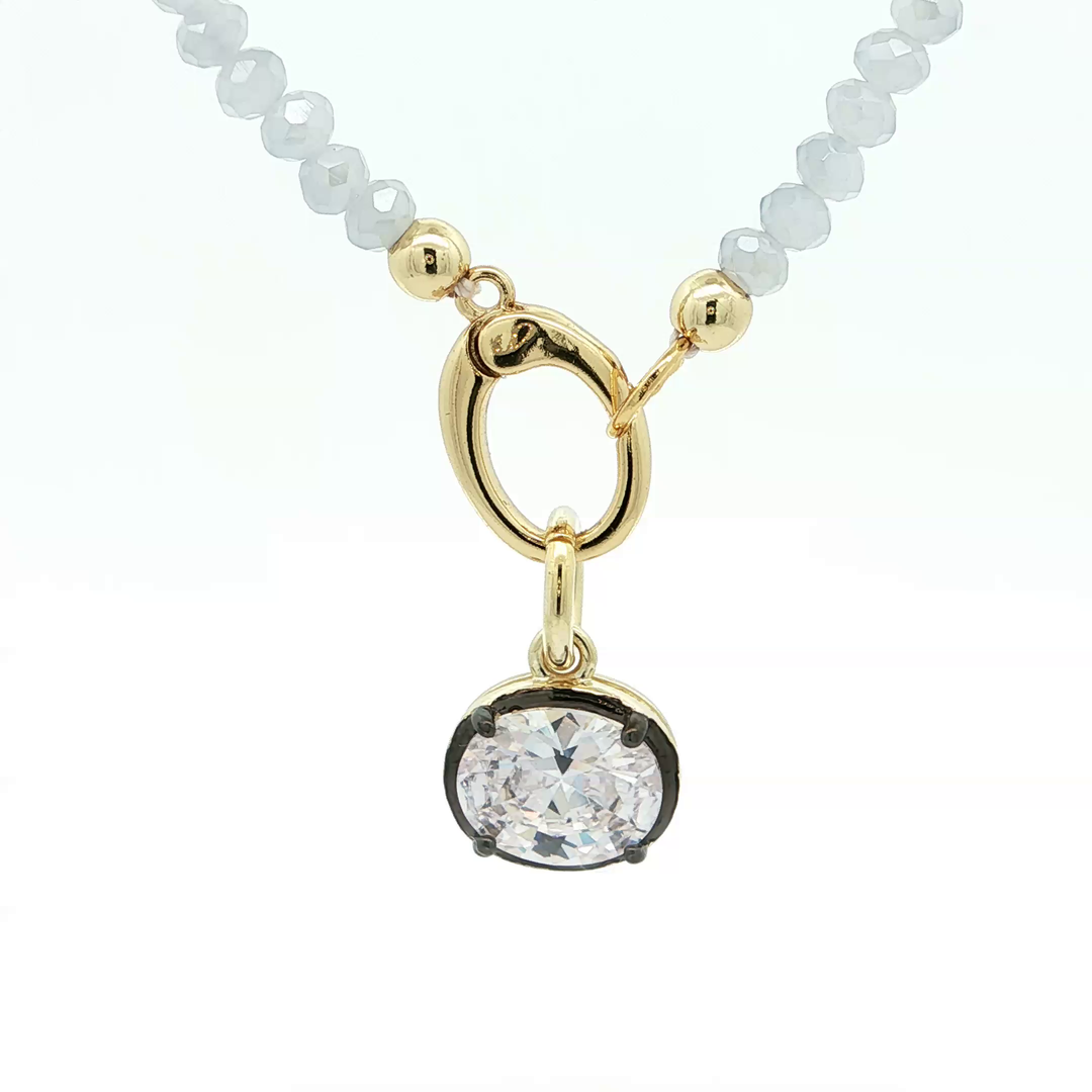 Two-Tone Gold Plated Beaded Necklace with Oval Crystal Pendant