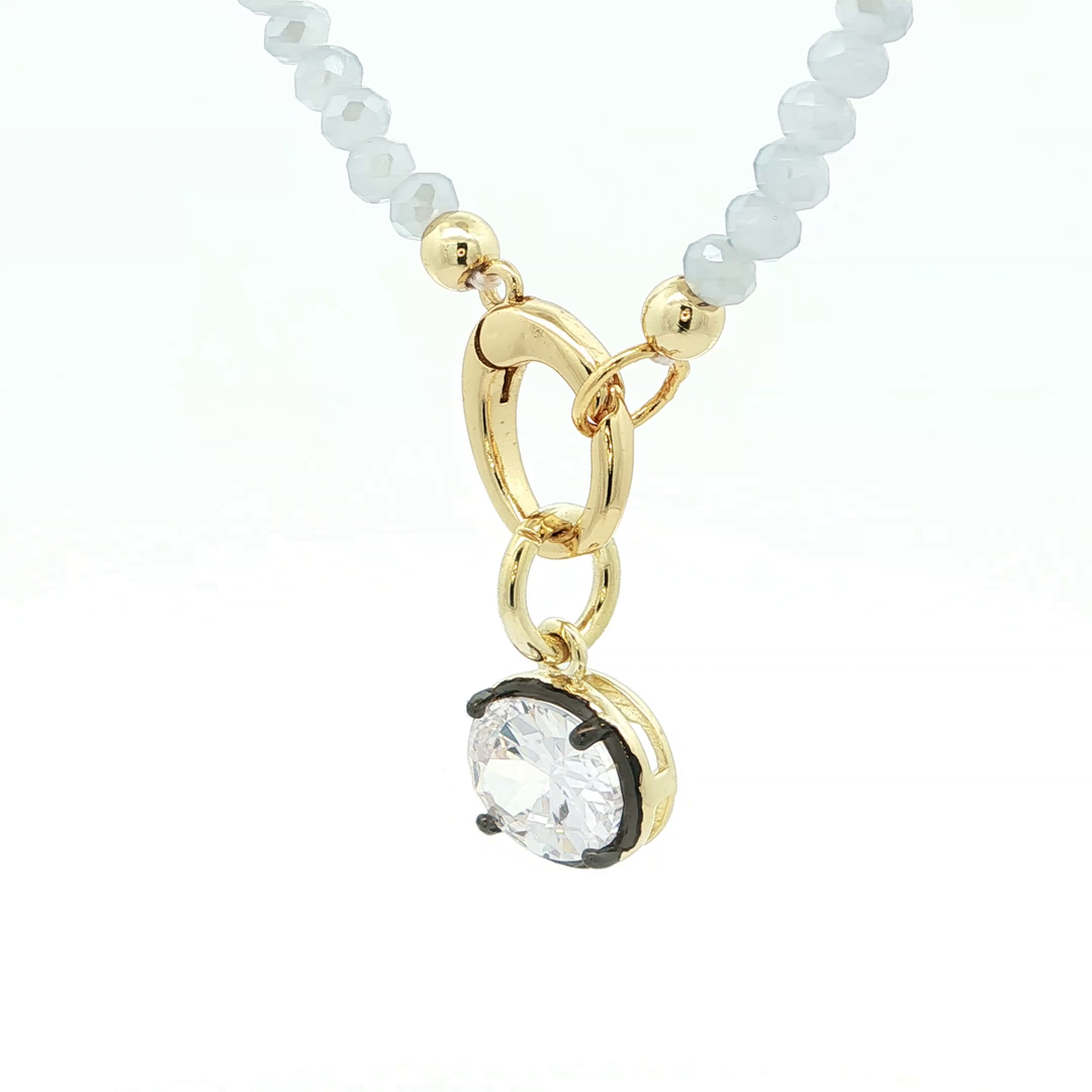 Two-Tone Gold Plated Beaded Necklace with Oval Crystal Pendant