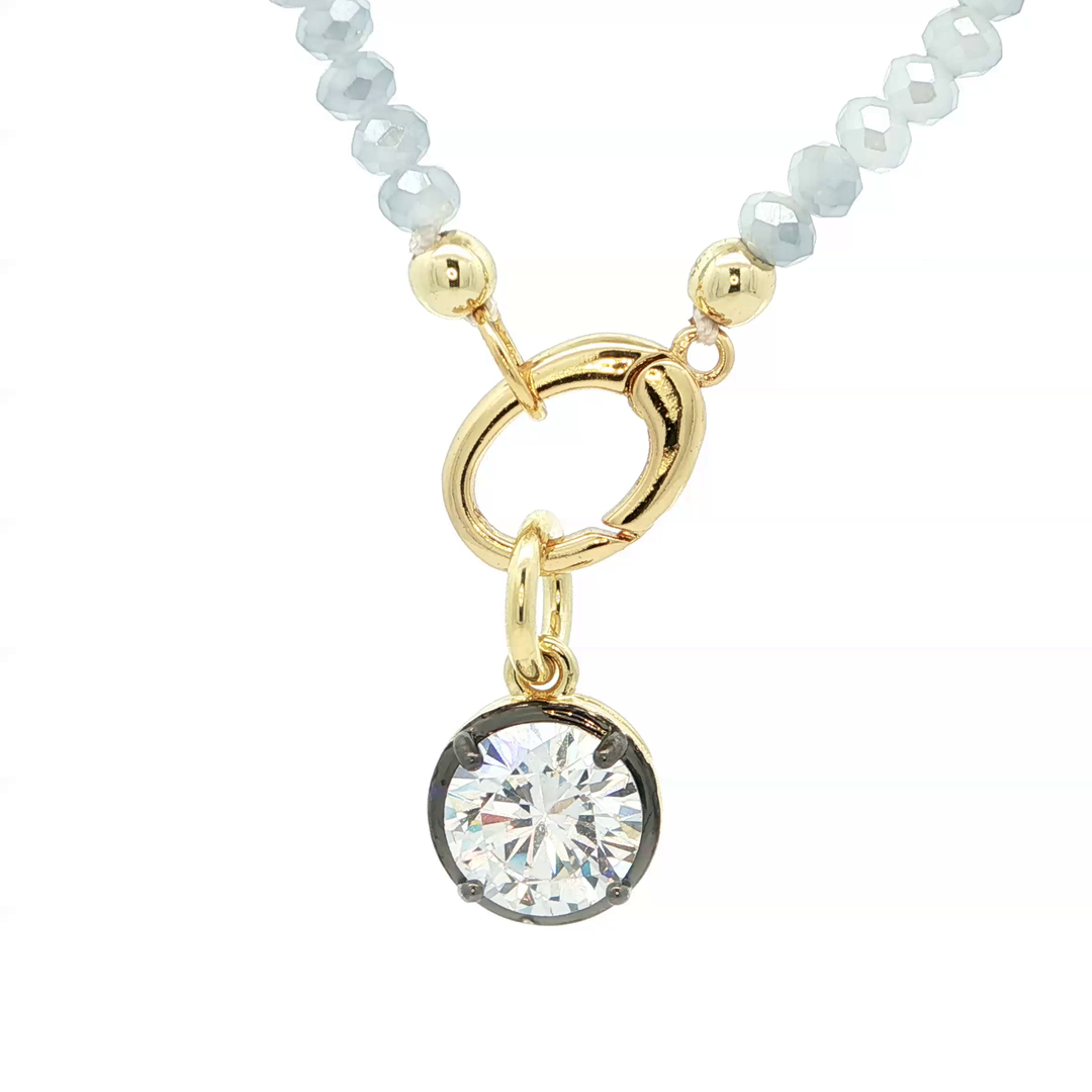 Two-Tone Gold-Plated Beaded Necklace with Round Crystal Pendant