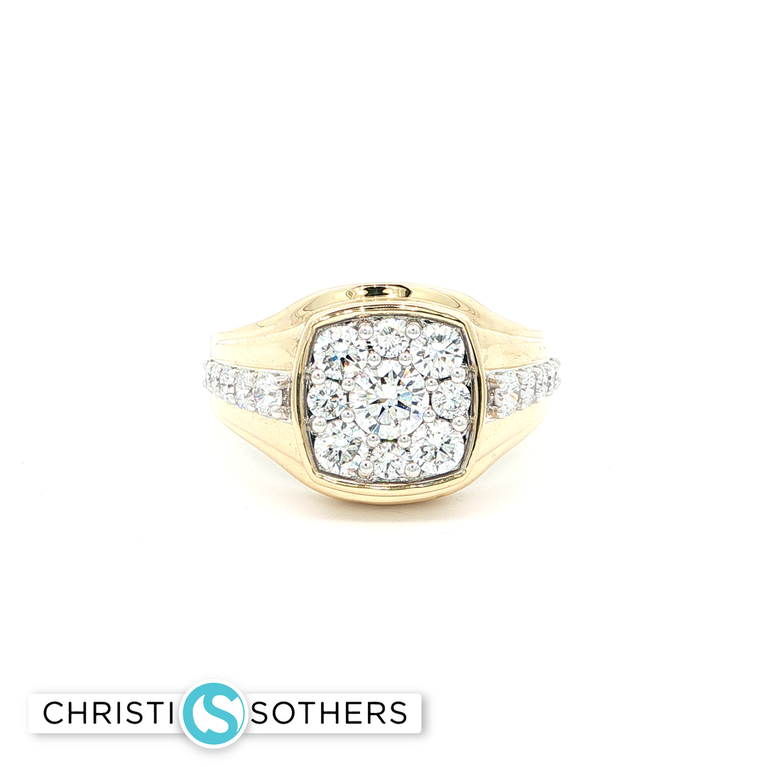 14KT Yellow Gold Cushion Cluster Ring with Round Brilliant-Cut Diamonds