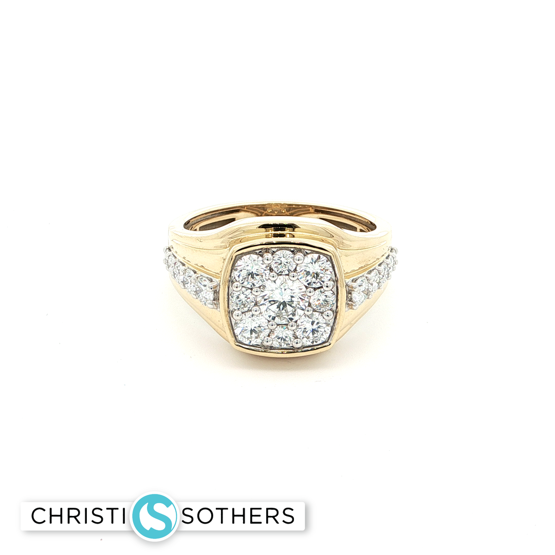 14KT Yellow Gold Cushion Cluster Ring with Round Brilliant-Cut Diamonds