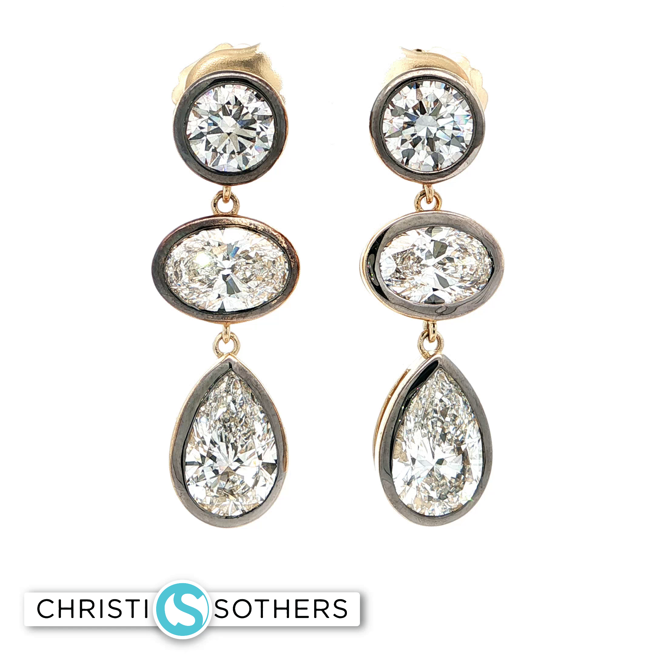 14KT Yellow Gold Bezel Drop Earrings with Round, Oval & Pear Lab-Grown Diamonds (6.73 cttw)