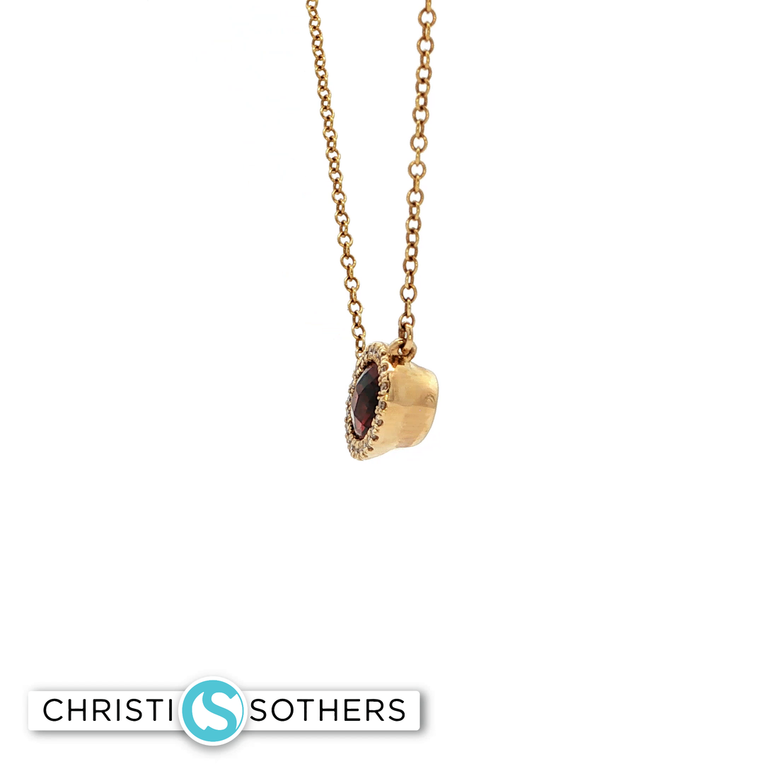 14KT Yellow Gold Oval Garnet Cabochon Charm Necklace with Diamond Accents (0.95 ct)
