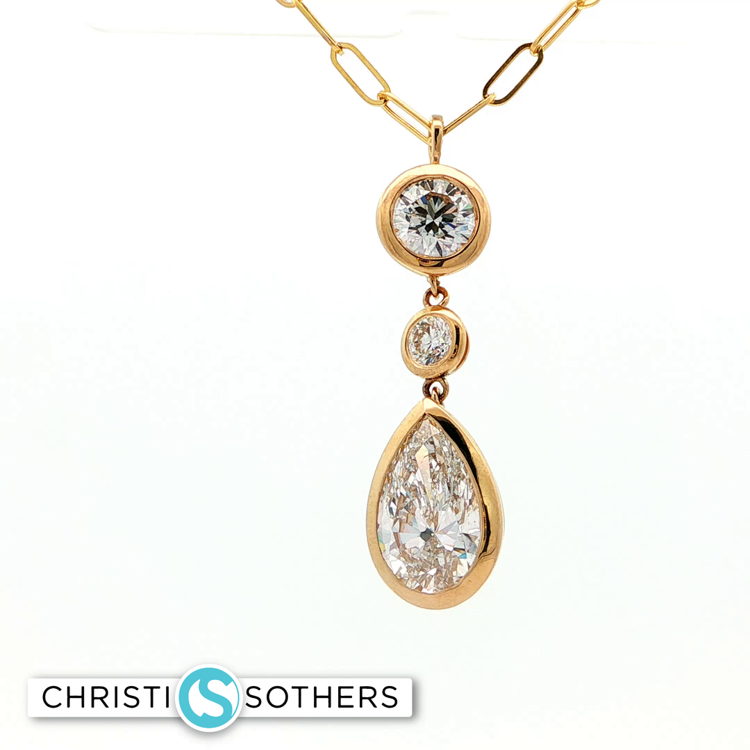 14KT Yellow Gold Triple-Stone Bezel Necklace with Lab-Grown Round & Pear Diamonds (4.04 cttw)