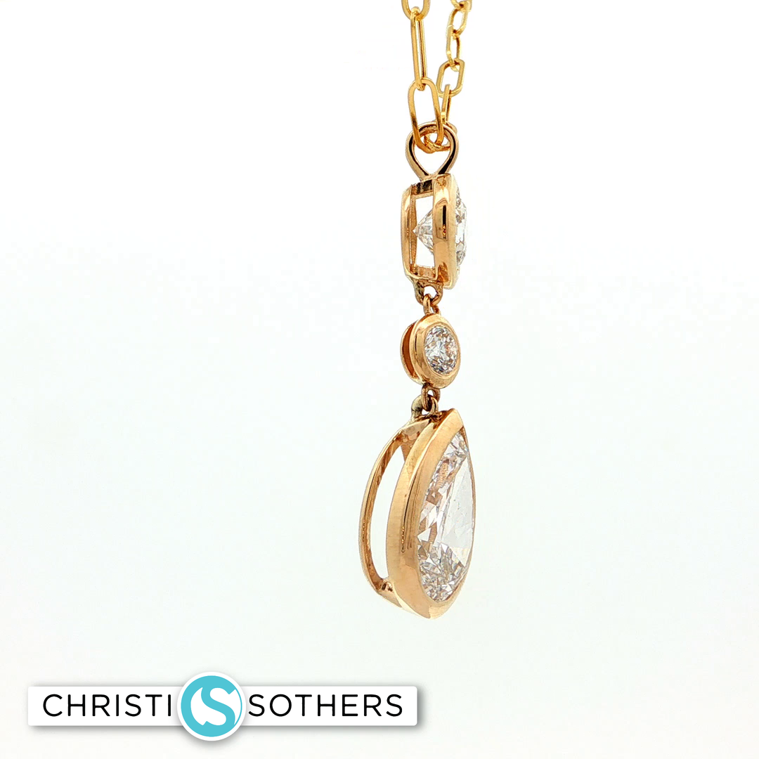 14KT Yellow Gold Triple-Stone Bezel Necklace with Lab-Grown Round & Pear Diamonds (4.04 cttw)