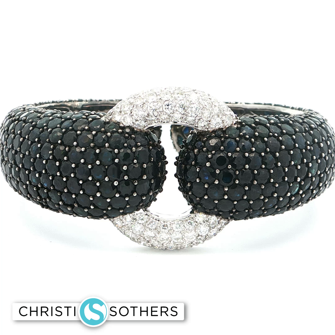 18KT White Gold Black Sapphire Pavé Bangle with Diamond Accents (64.6 cttw)