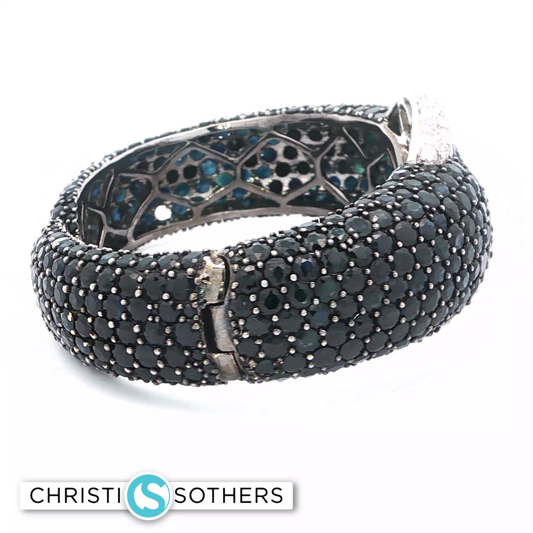 18KT White Gold Black Sapphire Pavé Bangle with Diamond Accents (64.6 cttw)