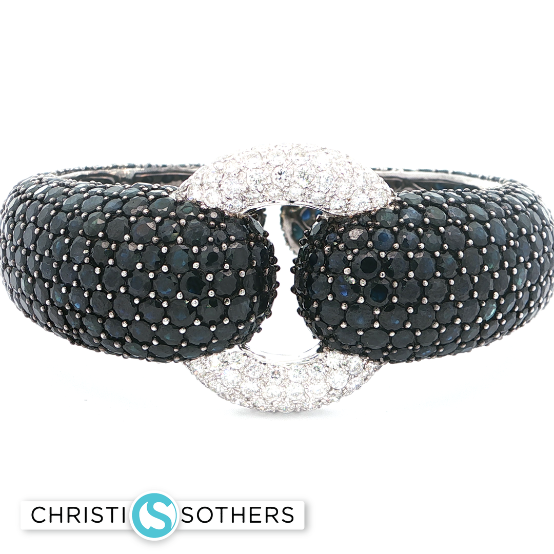 18KT White Gold Black Sapphire Pavé Bangle with Diamond Accents (64.6 cttw)