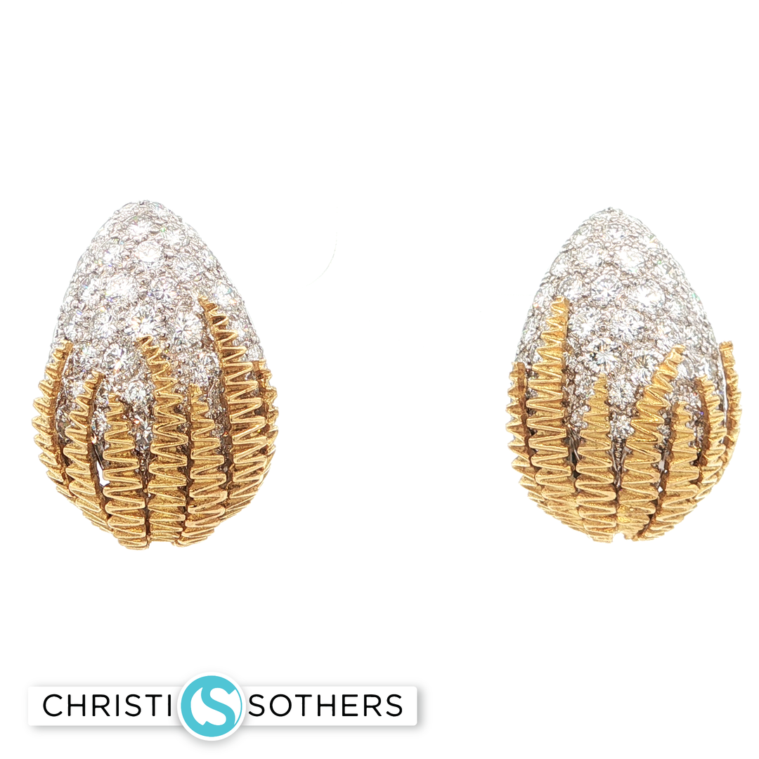 18KT Yellow Gold Textured Pavé Diamond TearDrop Earrings (7.00 cttw)