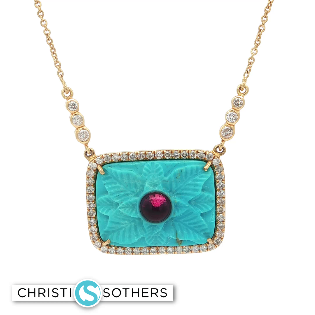 18KT Yellow Gold Necklace with Carved Turquoise Pendant