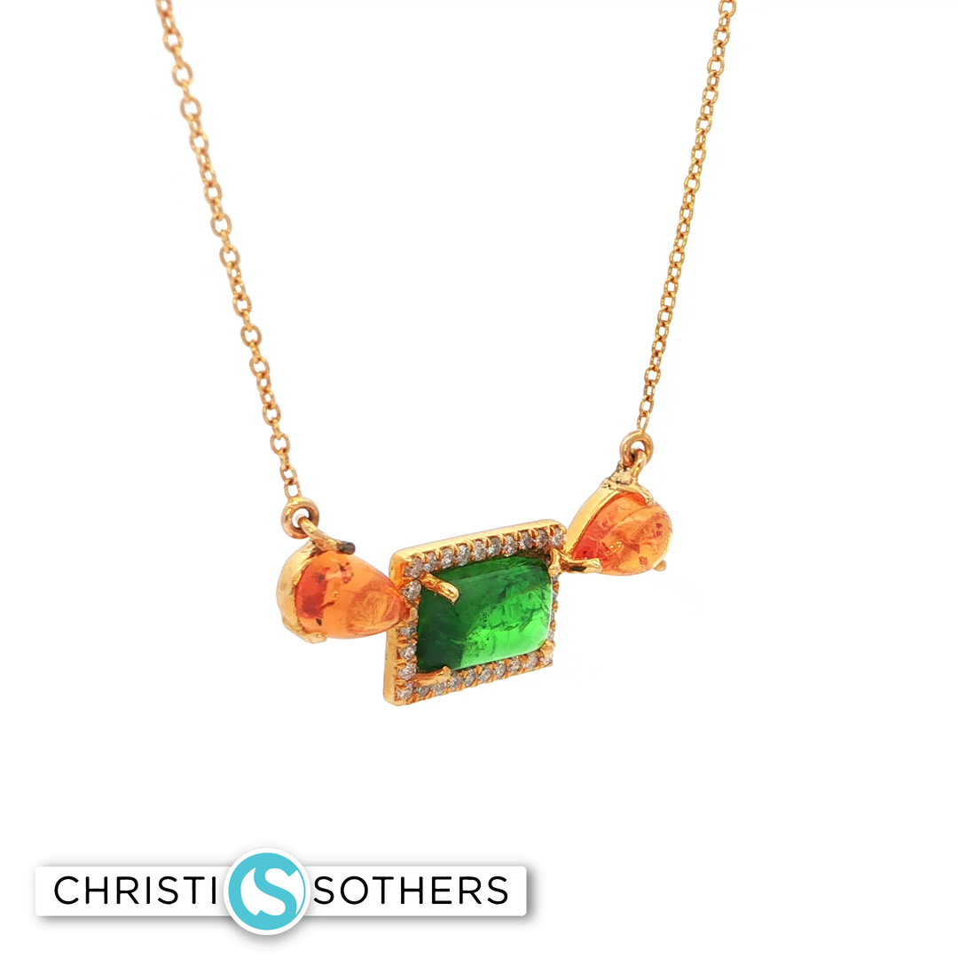 14KT Yellow Gold Tsavorite & Garnet Gumdrop Charm Necklace with Diamond Accents (1.54 ct)