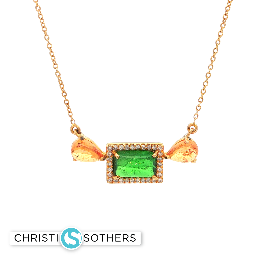 14KT Yellow Gold Tsavorite & Garnet Gumdrop Charm Necklace with Diamond Accents (1.54 ct)
