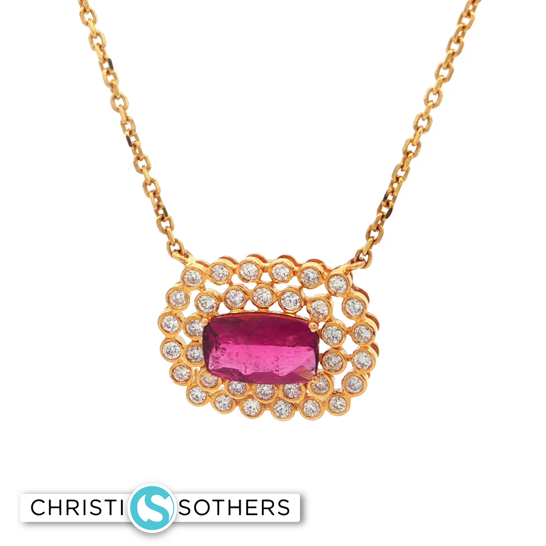 18KT Yellow Gold Rubellite Tourmaline Charm Necklace with Diamond Accents (1.55 ct)