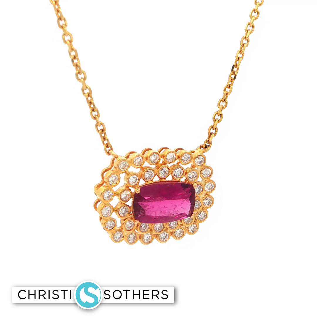 18KT Yellow Gold Rubellite Tourmaline Charm Necklace with Diamond Accents (1.55 ct)