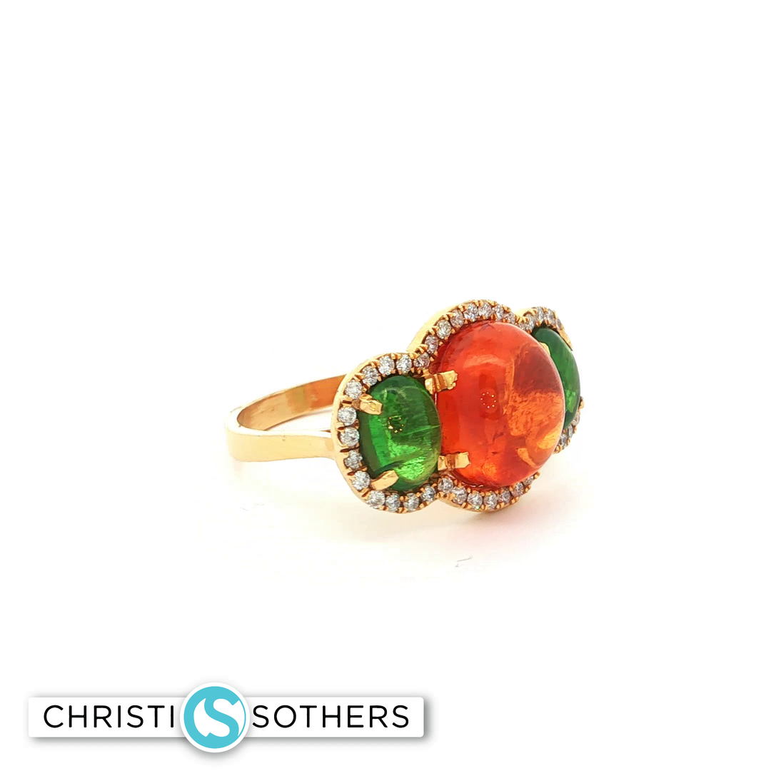 14KT Yellow Gold Multistone Cabochon Ring with Garnet, Tsavorite & Diamond Accents