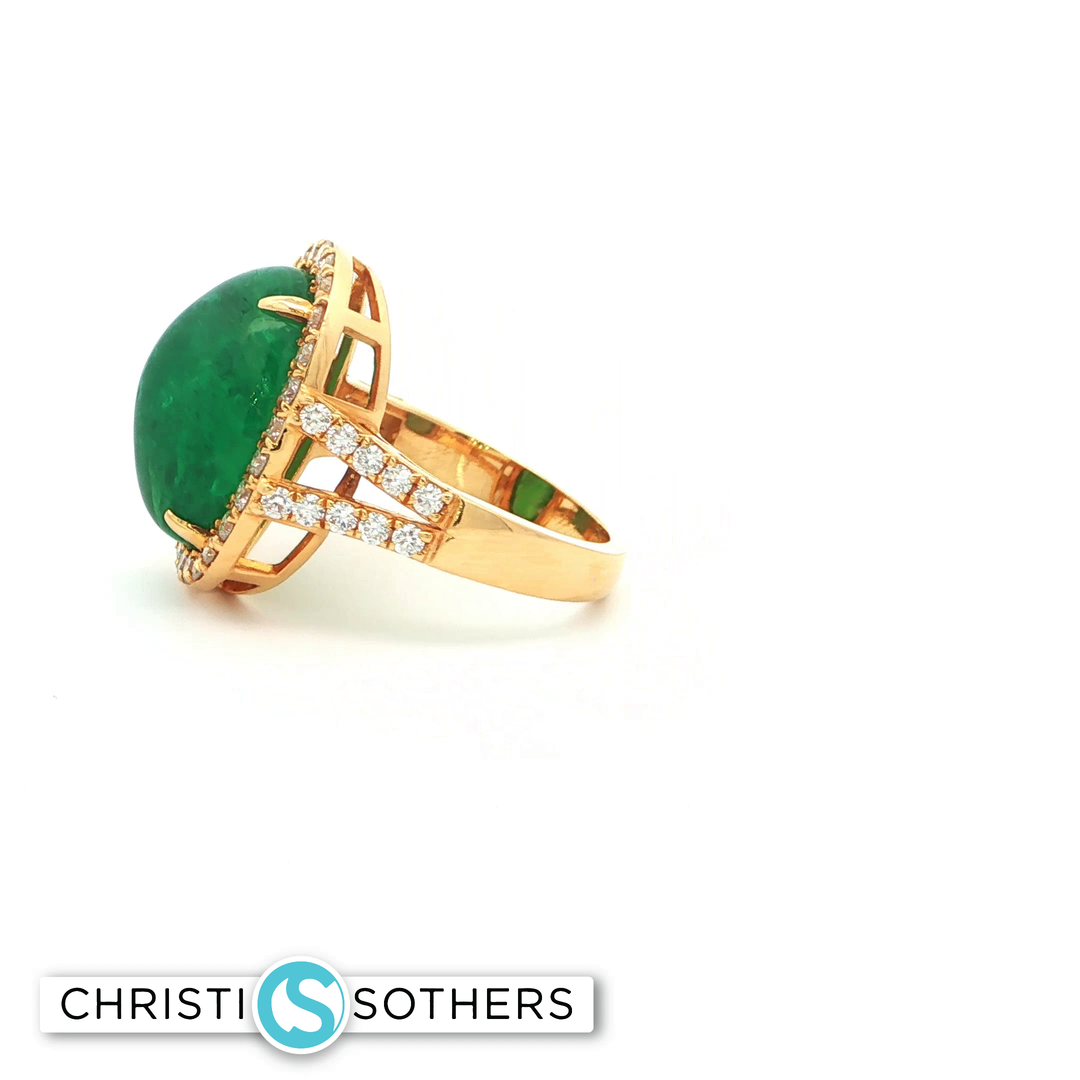 18KT Yellow Gold Cabochon Emerald Cocktail Ring with Diamond Accents (10.22 ct)