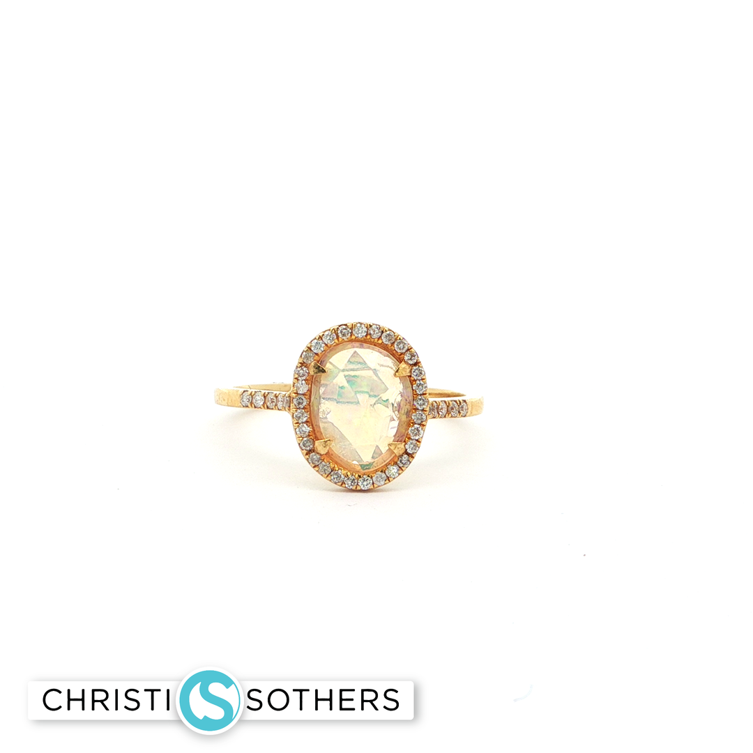 14KT Yellow Gold Oval Cabochon Opal Cocktail Ring with Diamond Accents (0.46 ct)