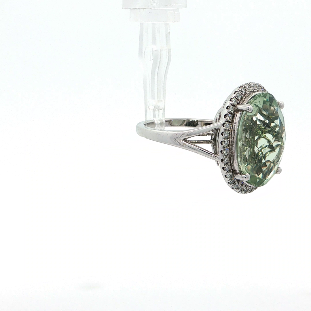 14KT White Gold Green Amethyst Cocktail Ring with Diamond Halo (8.52 ct)