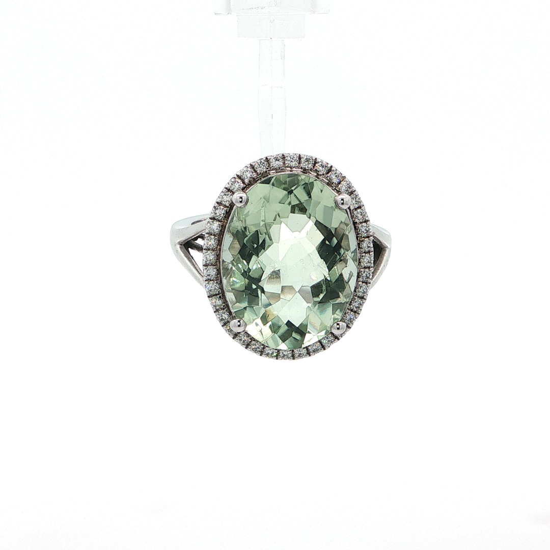 14KT White Gold Green Amethyst Cocktail Ring with Diamond Halo (8.52 ct)